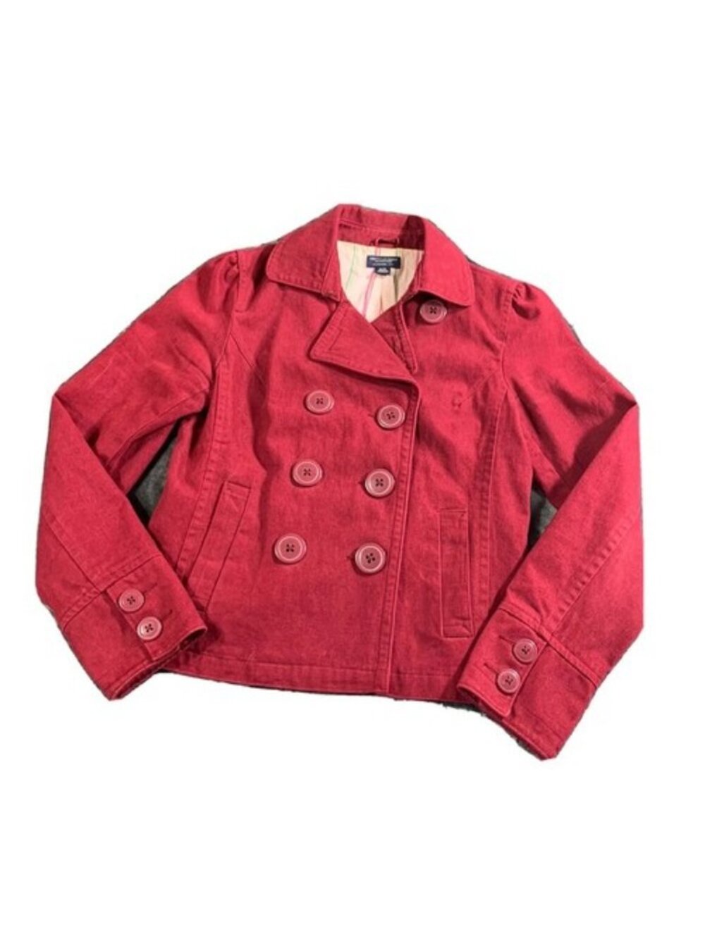 American Eagle Womens  Denim Jacket Medium Burgundy Wine Cropped Blazer Lined
